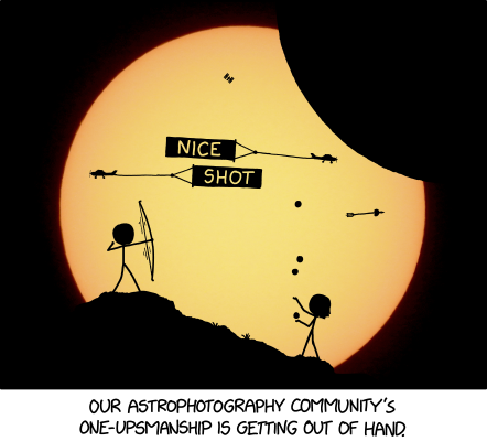 [One hill over, a competing astrophotographer does a backflip over a commercial airliner while throwing a tray of plastic space stations into the air, through which a falcon swoops to 'grab' the real one.]